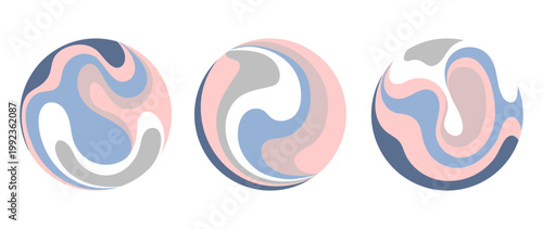 Round graphic icons with organic wavy patterns. Creative fluid vector spheres with marble swirl texture for modern branding, identity and web design. Circles in pink blue