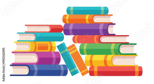 Colorful book vector art depicting a stack of various illustrated books, an educational design for a world reading event, set against a white background with a vibrant and cheerful mood
