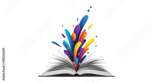 An open book illustration with vibrant, colorful paint splashes representing creativity and imagination, symbolizing World Book Day and the joy of reading, set against a clean white