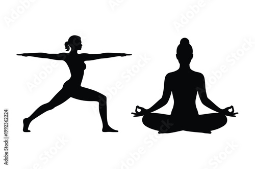 Yoga poses silhouette: warrior pose and lotus pose with silhouette, meditation