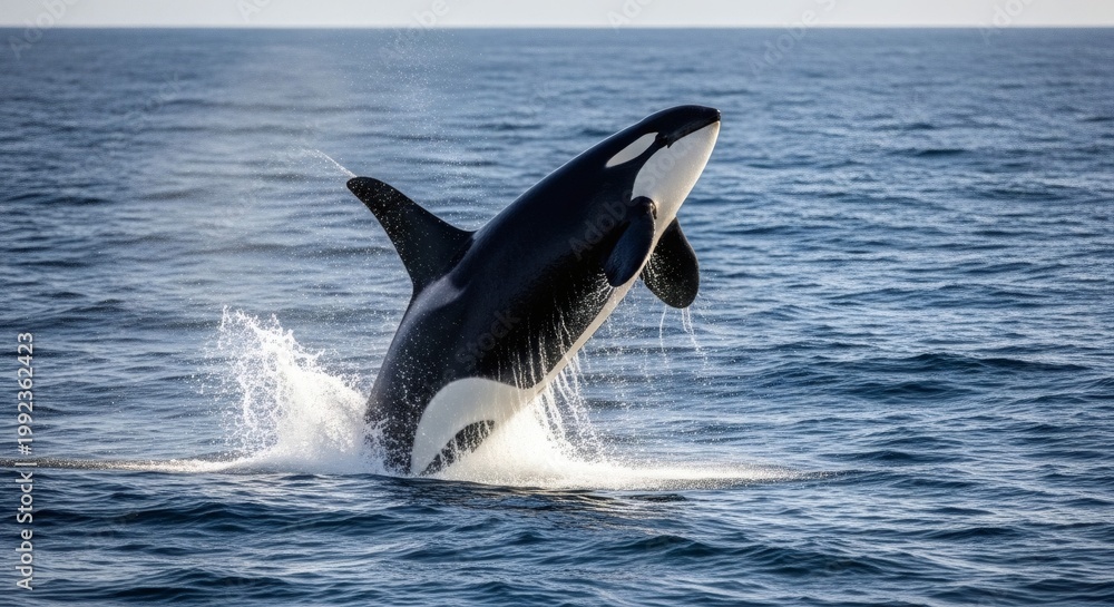 Obraz premium A majestic orca whale jumping out of the ocean water in a stunning display of power and agility