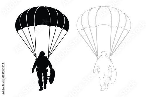 Parachuting silhouette: skydiver descending with parachute, skydiver