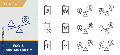 ESG and Industrial Sustainability Icon Set: Balancing Economy with Ecology