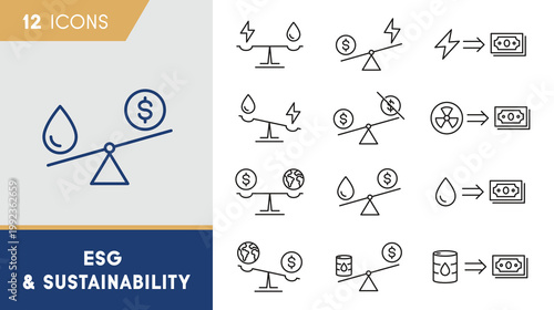ESG and Industrial Sustainability Icon Set: Balancing Economy with Ecology