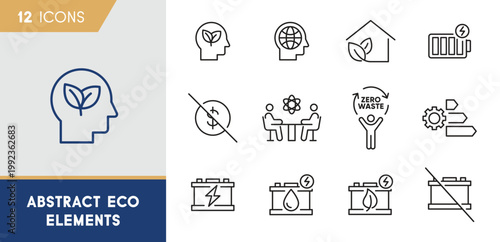 Abstract eco elements icon set featuring green thinking symbols, zero waste lifestyle and sustainable energy storage