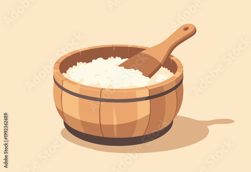 flat illustration empty wooden Ohitsu rice tub flat wooden Shamoji rice paddle resting across top Warm, flat cedar wood colors Zero gradients or shine Traditional food prep concept No text