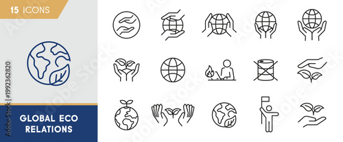 Global eco relations icon set featuring earth conservation symbols, sustainable plant growth and environmental care concepts