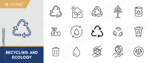 Recycling and ecology icon set featuring waste management symbols, renewable wind energy and environmental conservation concepts
