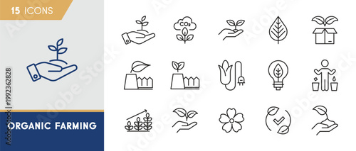 Organic farming and sustainable agriculture icon set featuring plant growth, bio energy and environmental cultivation concepts