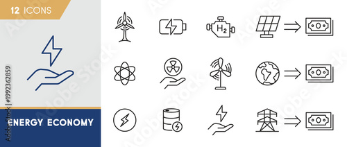 Energy economy icon set featuring renewable power investment, hydrogen technology and green financial growth symbols