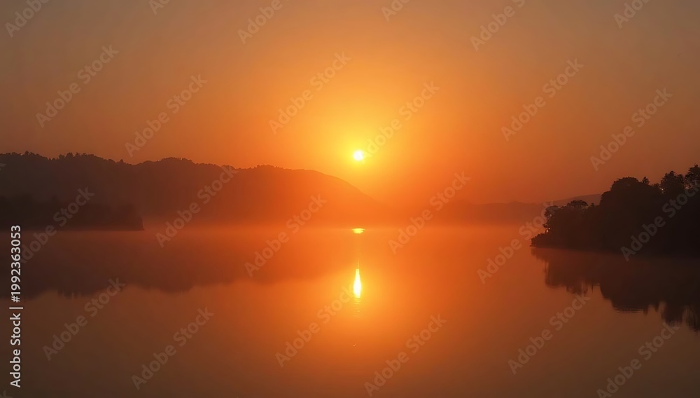 Fototapeta premium Golden Sunset Over Calm Lake with Reflections and Mountains.