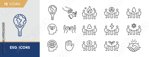 ESG and Sustainable Corporate Governance Icon Set - Environmental and Social Responsibility Symbols