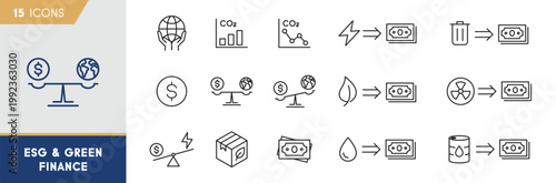 ESG and Green Finance Icon Set - Sustainable Investment and Environmental Economy Symbols