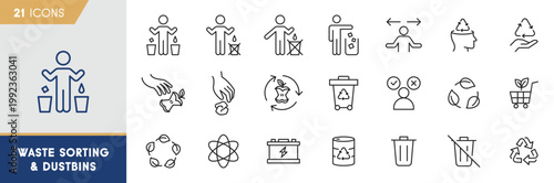 Waste Sorting and Dustbins Icon Set - Recycling Management and Sustainable Disposal Symbols