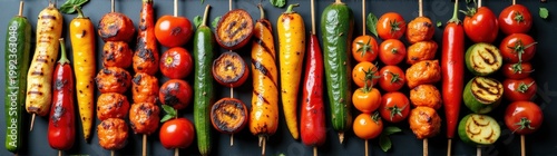 Many different types of vegetables on skewers food background banner