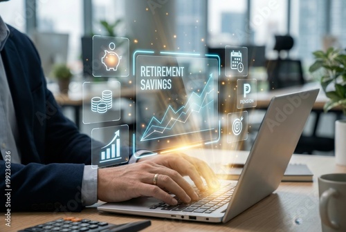 Retirement planning and pension fund investment concept on laptop with growth charts