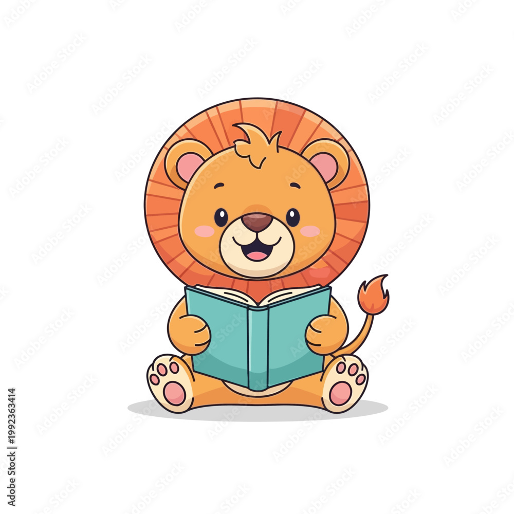 Fototapeta premium A cartoon lion reading a book.