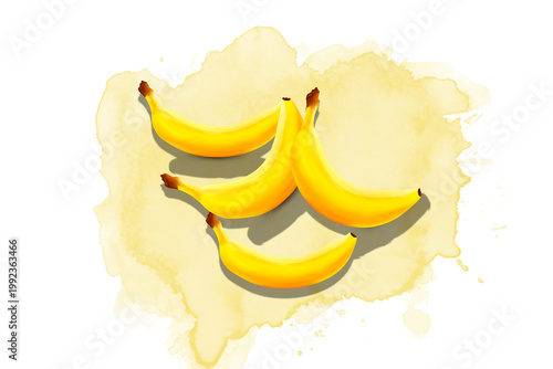 Four yellow bananas arranged in a cluster on a pale yellow watercolor stain against a white background