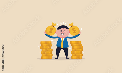Happy businessman holding money bags and standing between stacks of gold coins