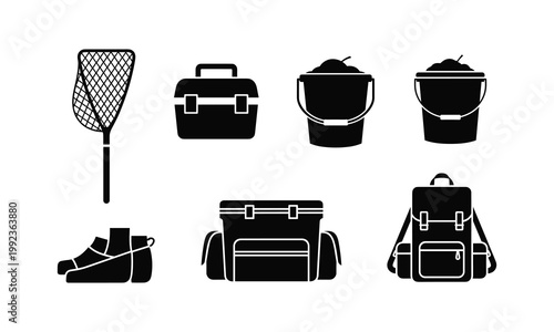 Essential camping and fishing gear illustrations in black and white