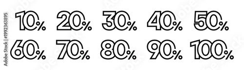 Percentage numbers set from ten to one hundred in linear outline style