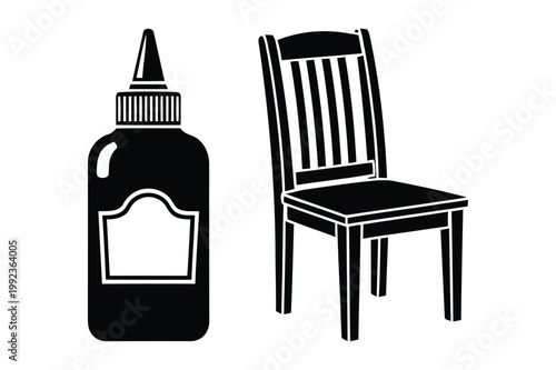 Black and white vector illustration of a glue bottle next to a chair