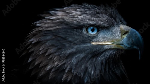 Close up of a majestic eagle head with piercing blue eyes against black