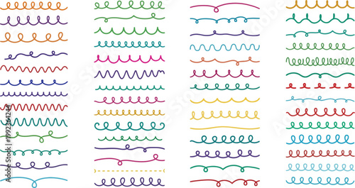 Collection of colorful hand-drawn wavy and curly line borders on white background, swirl