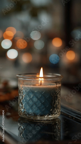Lit candle in glass jar with soft bokeh lights