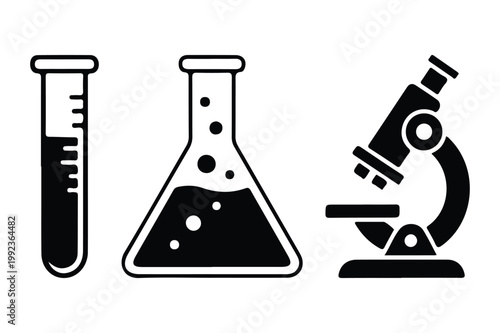 Black and white vector icons of scientific equipment: test tube flask microscope