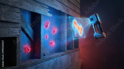Thermal scanner reveals bed bugs inside a wooden wall using infrared technology. Modern pest control inspection concept. Useful for professional extermination and home maintenance content.
