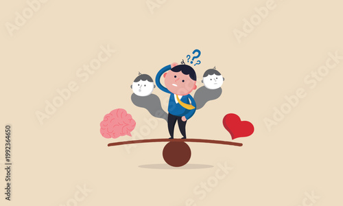 Man balancing brain and heart on a scale symbolizing difficult decision making