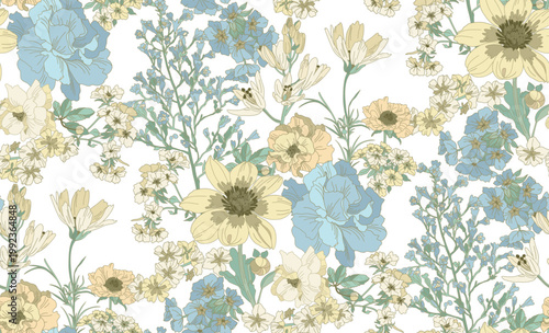 Flowers and leaves in vintage style, seamless pattern.	
