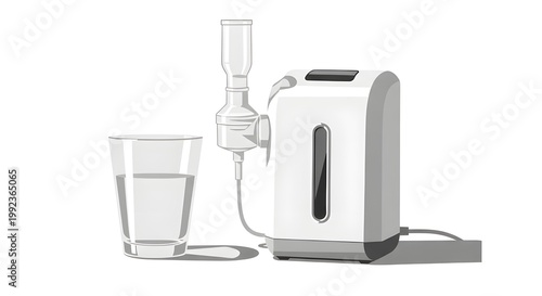 Modern countertop water purifier with glass of fresh filtered water on kitchen table