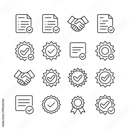 Certificate icon set with checkmarks and handshakes for verification and agreement