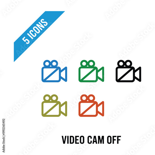 Camera icon set with video cam off symbols in various colors