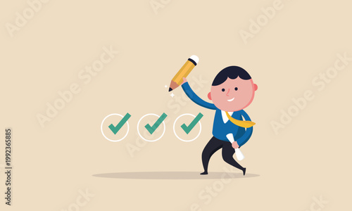 Cartoon businessman marking completed tasks with a pencil and checkmarks