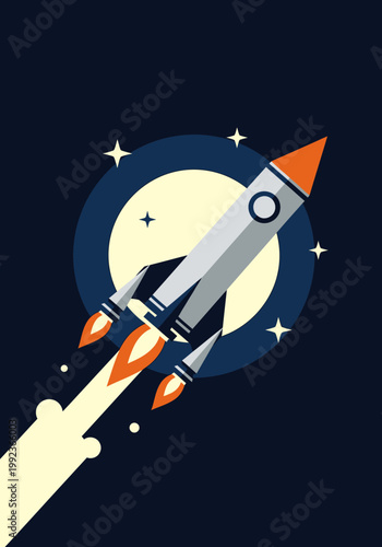 Rocket Ship Blasting Off Space.
