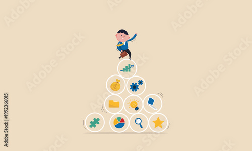 Cartoon businessman celebrates success atop a pyramid of business icons
