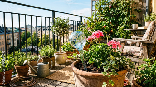 Lush balcony garden with vibrant flowers and watering globe under sunny skies, creating a serene and inviting outdoor space.