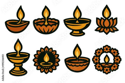 Brutalist Diya Icons. Traditional Diyas silhouette set: clay lamp, oil wick, brass diya, lotus base, flame glow, petal rim, decorative stand, flower ring