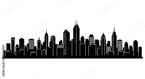 City skyline silhouette with tall buildings.