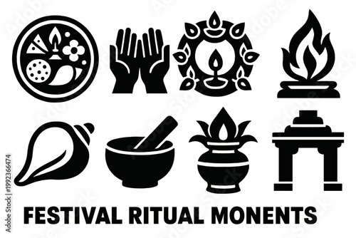 Festival Icon Set. Festival Ritual Moments silhouette set: decorated thali, offering hands, diya circle, holy flame, conch shell, singing bowl, water vessel, temple gate