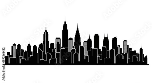 City skyline silhouette with tall buildings.