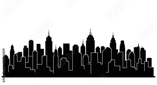 City skyline silhouette with tall buildings.