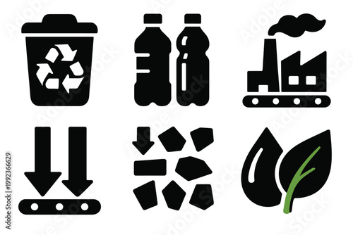 Plastic Recycling Icons. Plastic Waste Sorting silhouette set: recycle bin, plastic bottles, sorting arrows, conveyor belt, plastic flakes, recycling factory, clean water droplet,