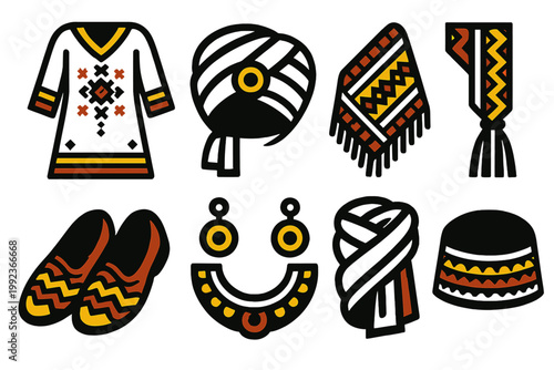 Brutalist Cultural Attire Icons. Cultural Attire silhouette set: embroidered dress, turban, patterned shawl, woven belt, traditional shoes, jewelry set, fabric wrap, hat