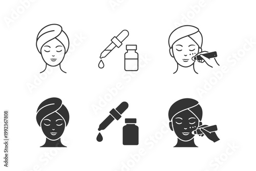 Skincare routine icons with young female faces and serum bottles.