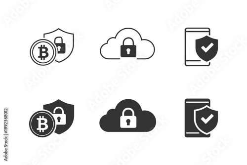 Cryptocurrency security icons: bitcoin, cloud storage, mobile protection symbols.