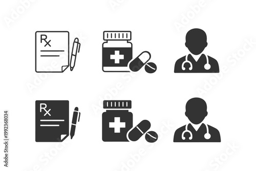 Medical icons set: prescription, medication, male doctor silhouettes on white background.